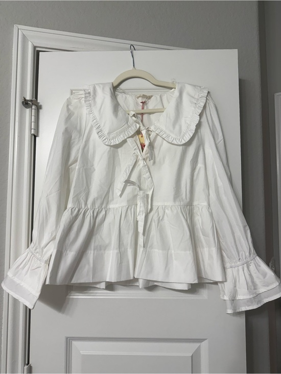 entro Tops - entro White Ruffled Collar Tie-Front Peplum Top